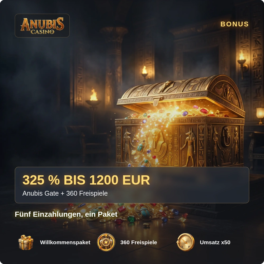 Anubis Gate: Schatztruhe und Willkommenspaket mit 325 % bis 1200 EUR im Anubis Casino