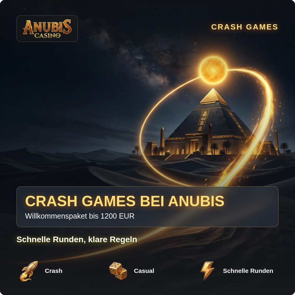 Crash Games bei Anubis Casino: goldene Kurve über Wüste und Pyramide