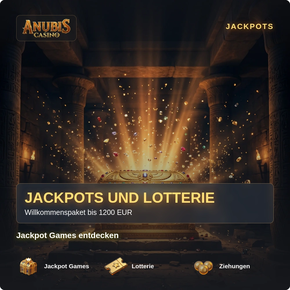 Jackpots und Lotterie bei Anubis Casino: leuchtende Schatzkammer mit Lichtstrahlen