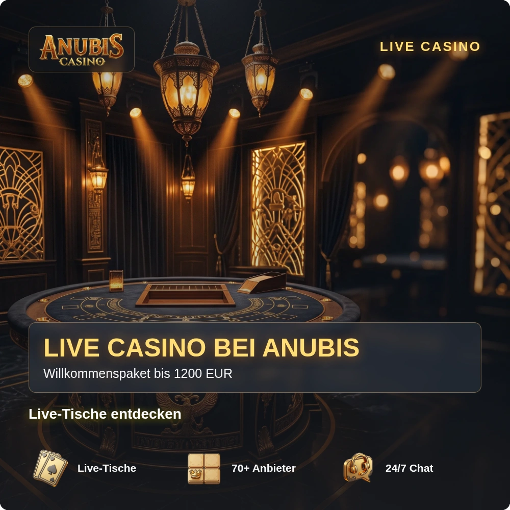 Live Casino bei Anubis Casino: stimmungsvoller Studiotisch mit goldenen Lampen