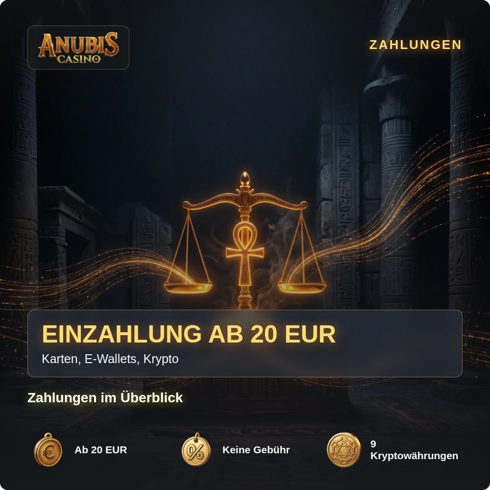 Ein- und Auszahlungen bei Anubis Casino: Einzahlung ab 20 EUR, keine Gebühr, Kryptowährungen