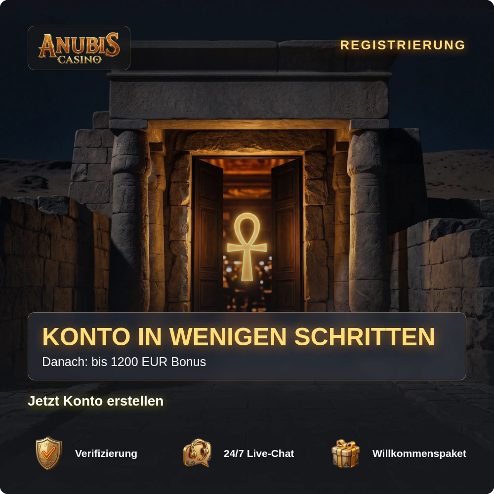 Registrierung bei Anubis Casino: Tempeltor mit goldenem Ankh und Hinweis auf das Willkommenspaket
