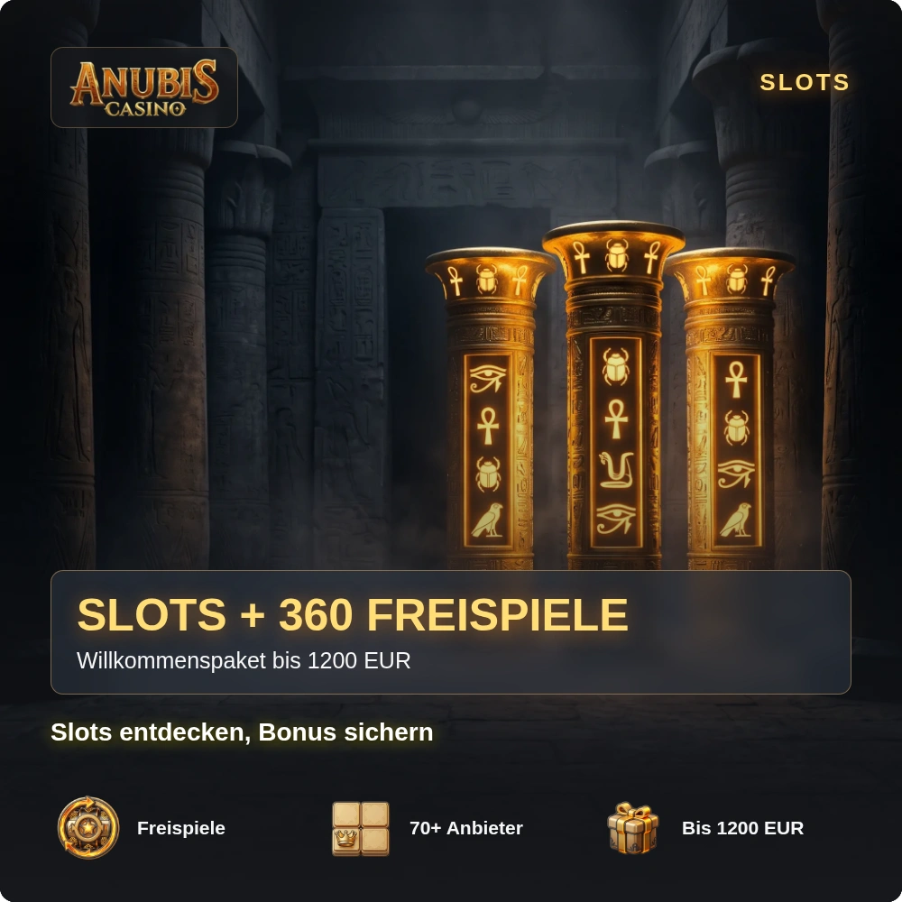 Slots bei Anubis Casino: goldene Walzen-Säulen im Tempel und 360 Freispiele