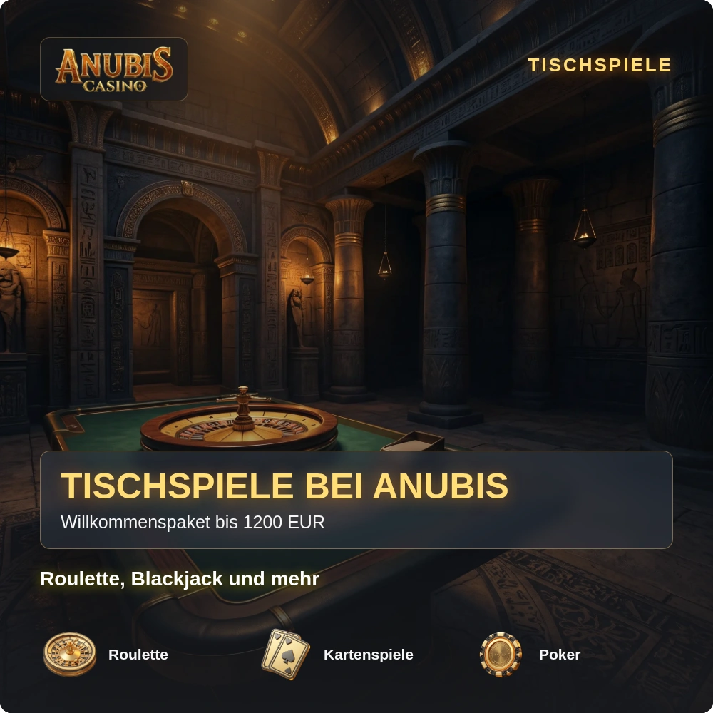 Tischspiele bei Anubis Casino: Roulette-Kessel und Spieltisch im ägyptischen Tempel